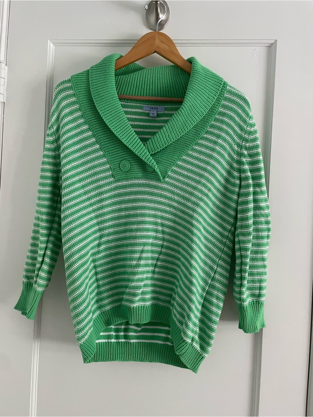 Izod Green and White Striped Shawl-Collar Sweater